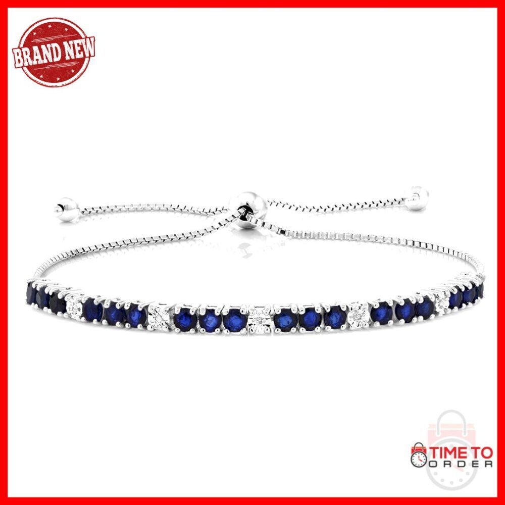 Sterling Silver Sapphire Diamond Tennis Bracelet Adjustable 9 Inch
